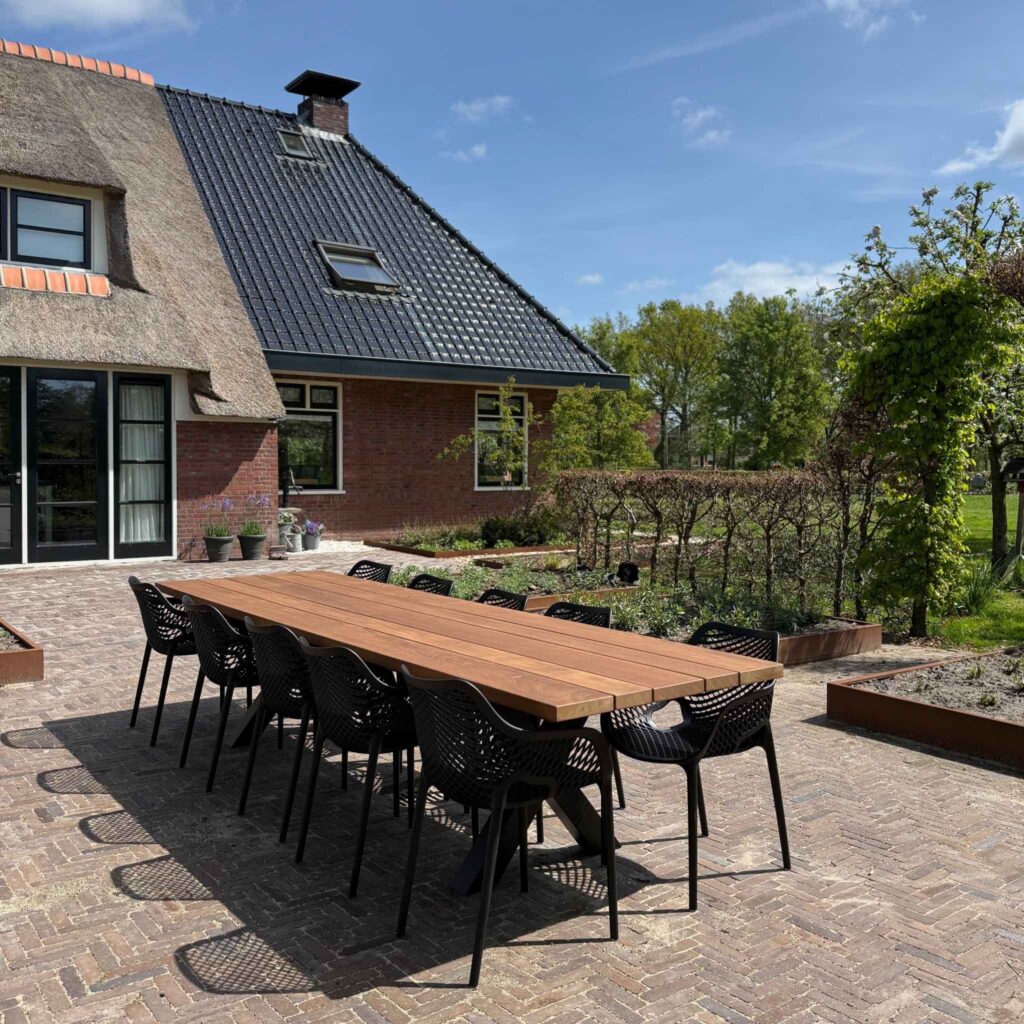 uinset 10 personen 400cm Rechthoekig Iroko met stoelen Senna X poot (1)