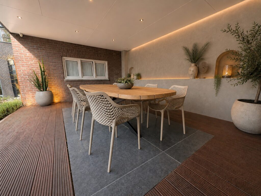 Tuininspiratie tuinstoel Senna taupe overkapping