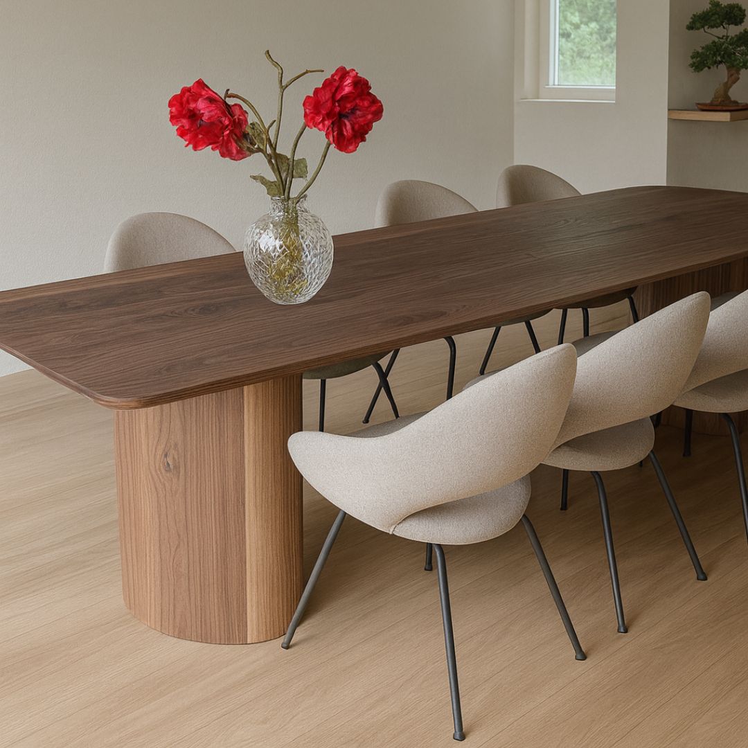 Eettafel Noten half ovaal met japandi onderstel fineer | Luca notenhout