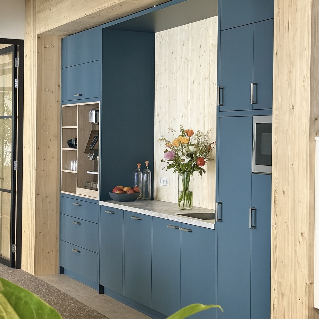 Moderne blauwe keuken met houten accenten zakelijk project