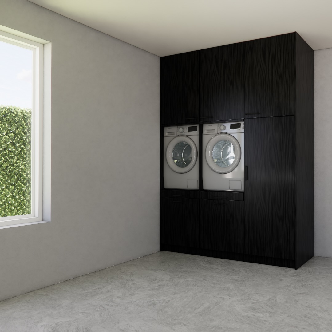 Wasmachinekast Anja in houtafwerking, maatwerkmeubel voor wasruimte – 3D visualisatie