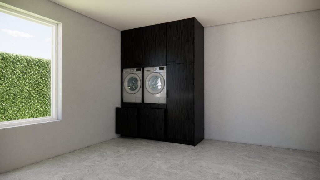 Wasmachinekast Anja in houtafwerking, maatwerkmeubel voor wasruimte – 3D visualisatie