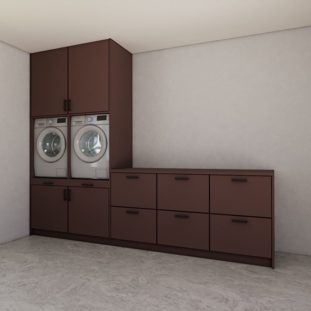 Wasmachinekast Hanne bruin, rood, maatwerkmeubel voor wasruimte – 3D visualisatie