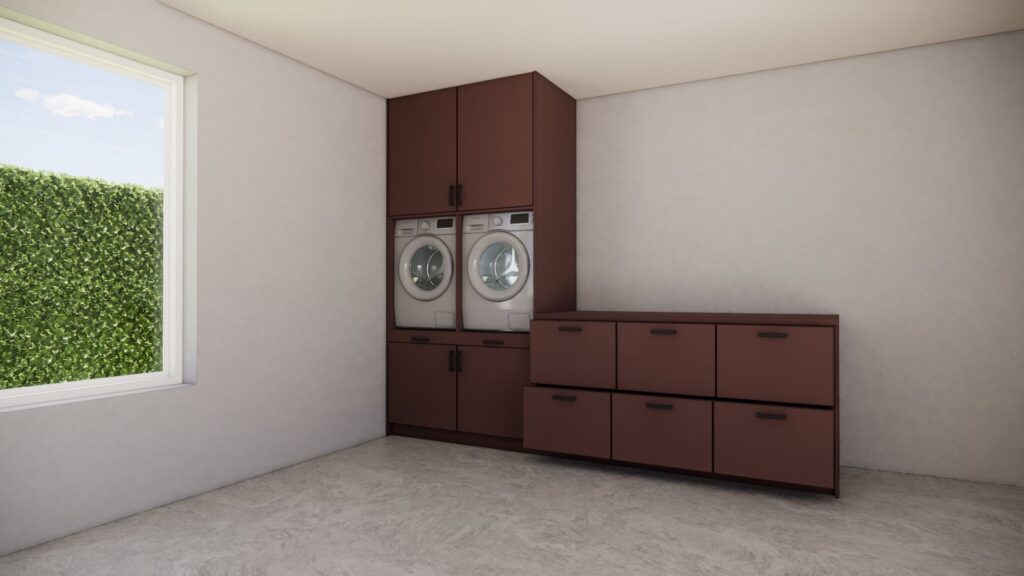Wasmachinekast Hanne bruin, rood, maatwerkmeubel voor wasruimte – 3D visualisatie