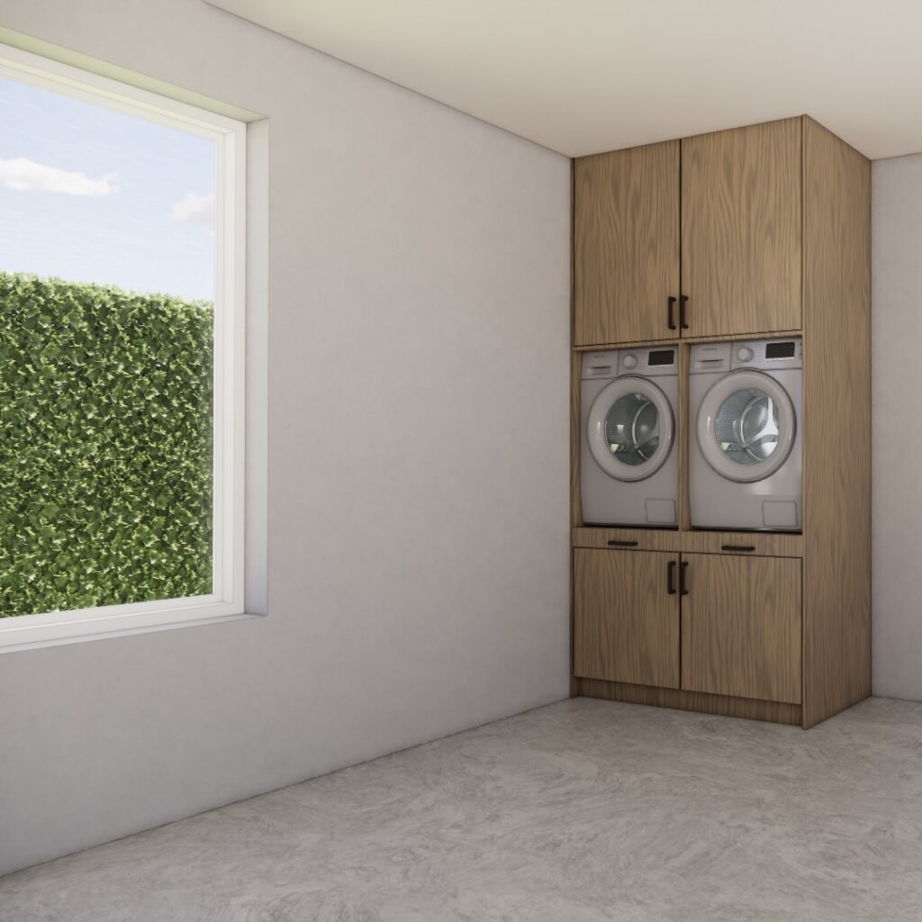 Wasmachinekast Maren in houtafwerking, maatwerkmeubel voor wasruimte – 3D visualisatie