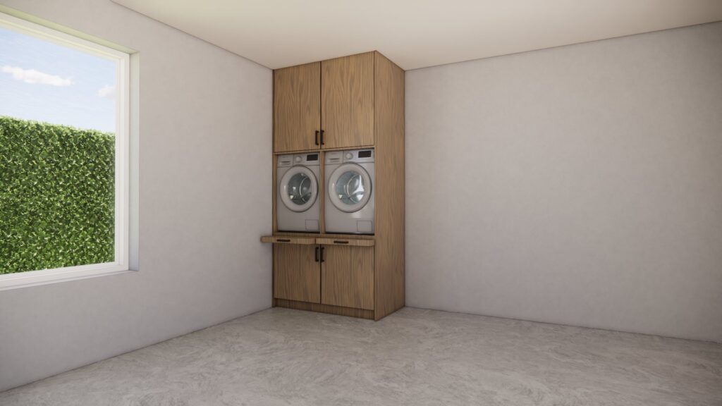 Wasmachinekast Maren in houtafwerking, maatwerkmeubel voor wasruimte – 3D visualisatie