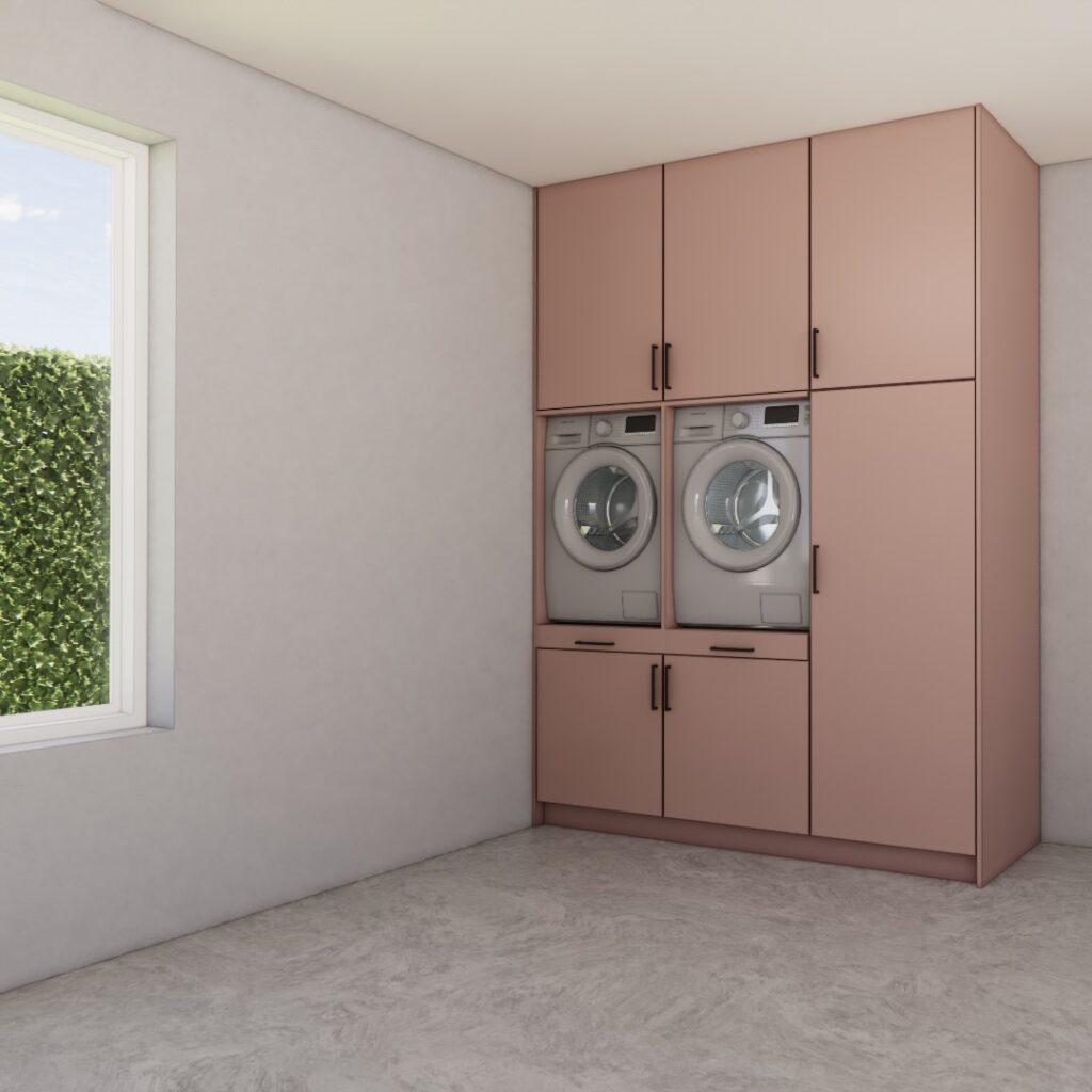 Wasmachinekast Mira roze, maatwerkmeubel voor wasruimte – 3D visualisatie