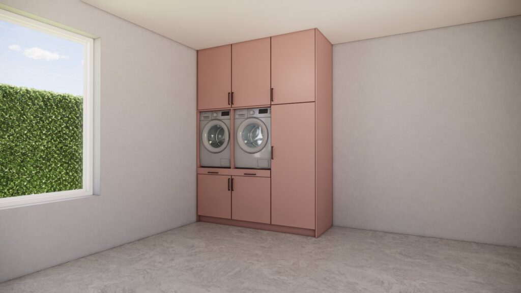 Wasmachinekast Mira roze, maatwerkmeubel voor wasruimte – 3D visualisatie