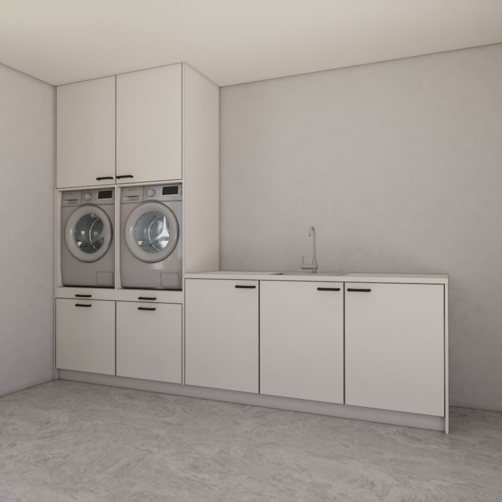 Tara maatwerk wasmachinekast met ingebouwde opbergruimte – 3D visualisatie