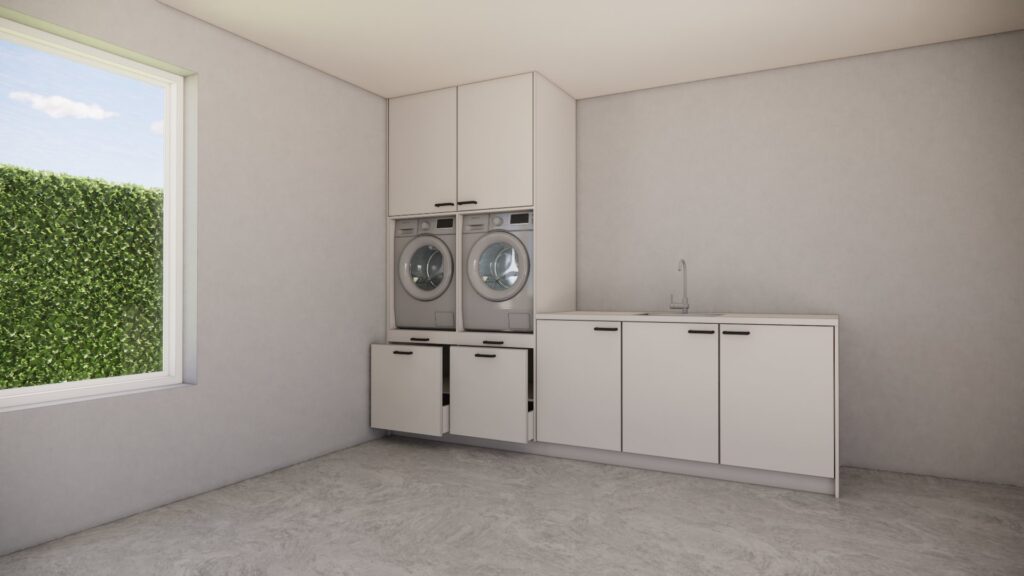 Tara maatwerk wasmachinekast met ingebouwde opbergruimte – 3D visualisatie