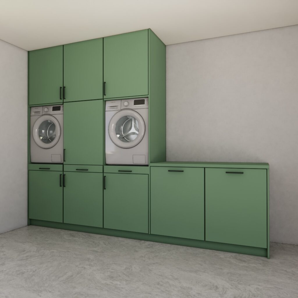 Wasmachinekast Tessa groen, maatwerkmeubel voor wasruimte – 3D visualisatie