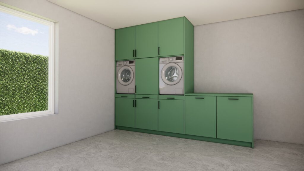 Wasmachinekast Tessa groen, maatwerkmeubel voor wasruimte – 3D visualisatie