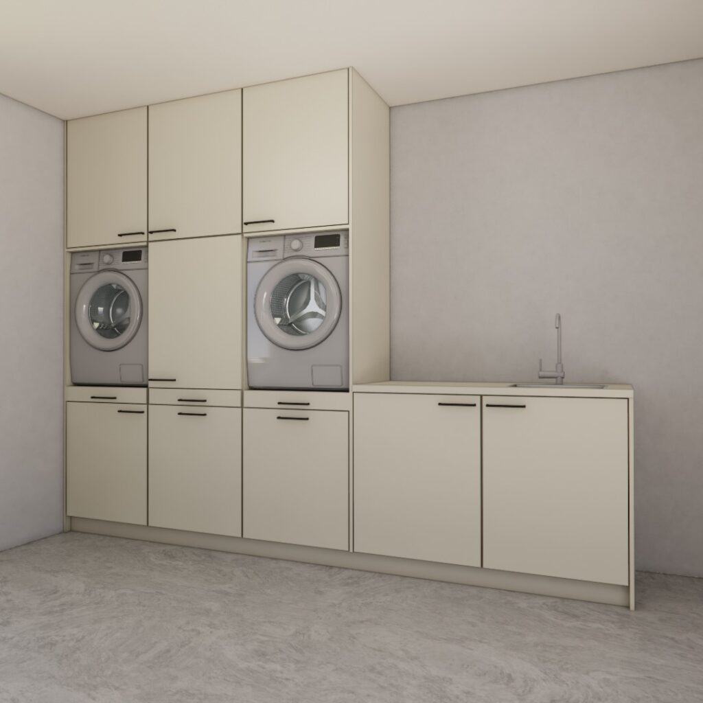 Wasmachinekast Vera Off white, maatwerkmeubel voor wasruimte – 3D visualisatie