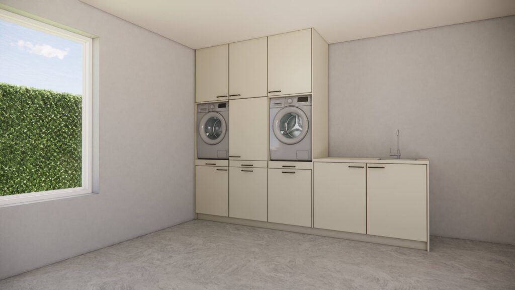 Wasmachinekast Vera Off white, maatwerkmeubel voor wasruimte – 3D visualisatie