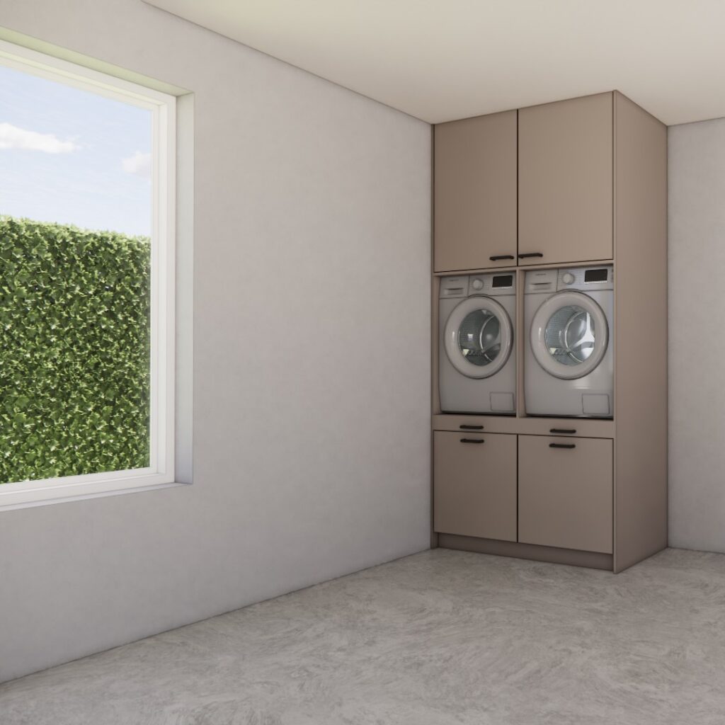 Wasmachinekast Ylva, maatwerkmeubel voor wasruimte – 3D visualisatie