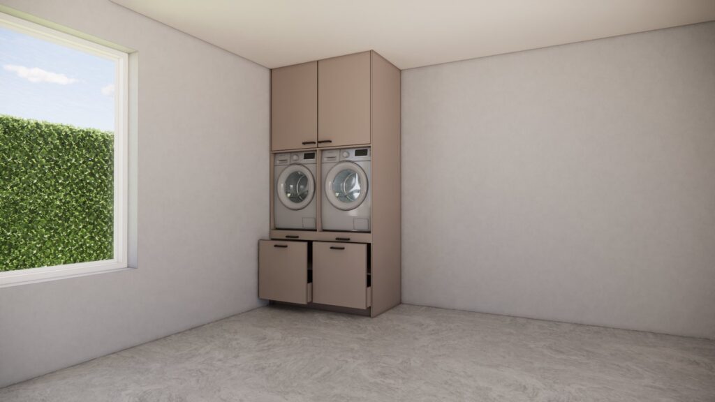 Wasmachinekast Ylva, maatwerkmeubel voor wasruimte – 3D visualisatie
