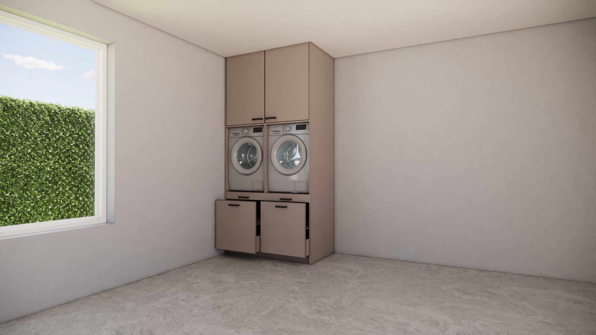 Wasmachinekast Ylva, maatwerkmeubel voor wasruimte – 3D visualisatie