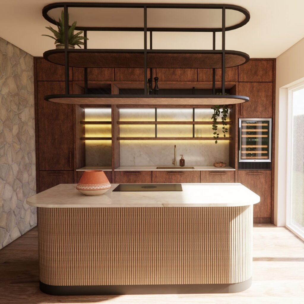 3D-visualisatie van een barnwood houten keuken op maat.