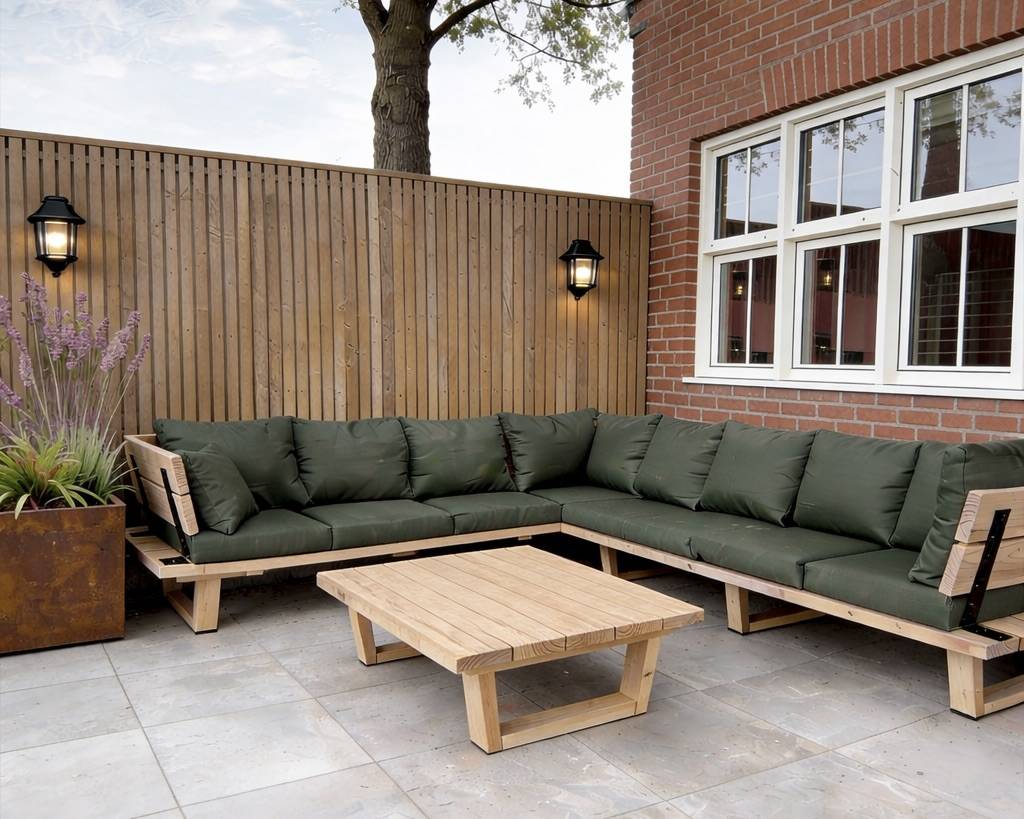 Loungeset met hocker van Douglas hout en houten onderstel