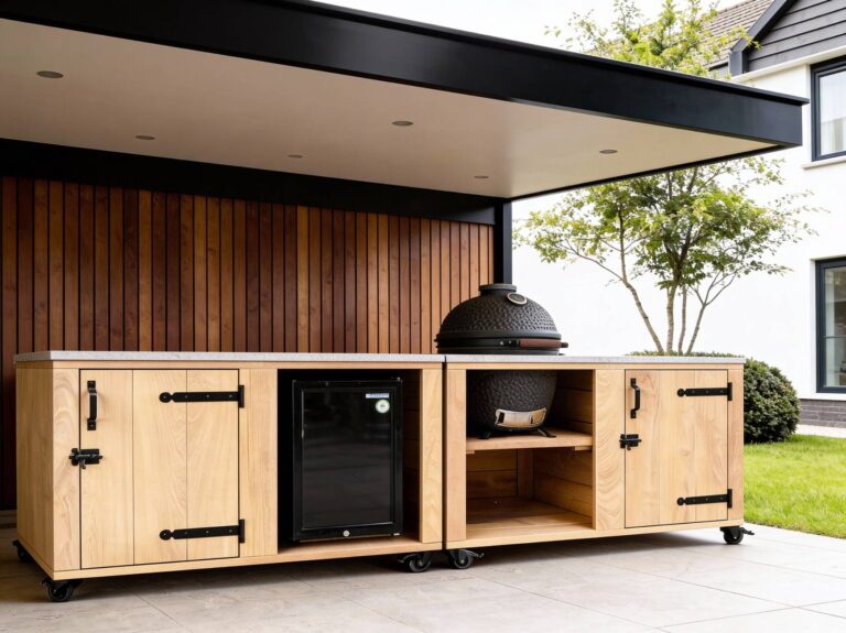 Buitenkeuken Nashville & bbq tafel Austin iroko met keramisch blad kamado en koelkast