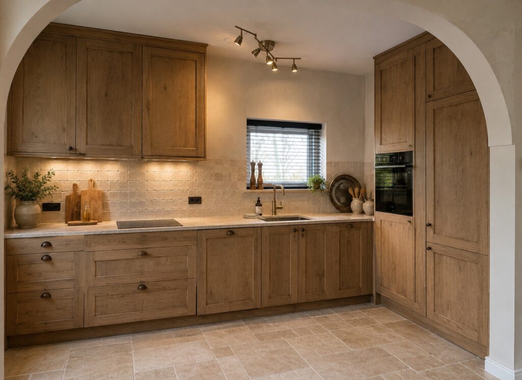 Houten keuken in L vorm landelijke stijl Hoogeveen