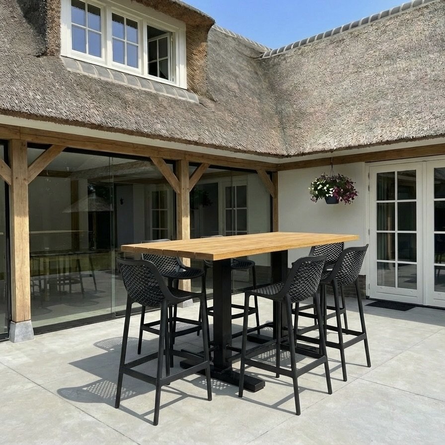 Bartafel van hardhout Iroko met midden poot en barkrukken