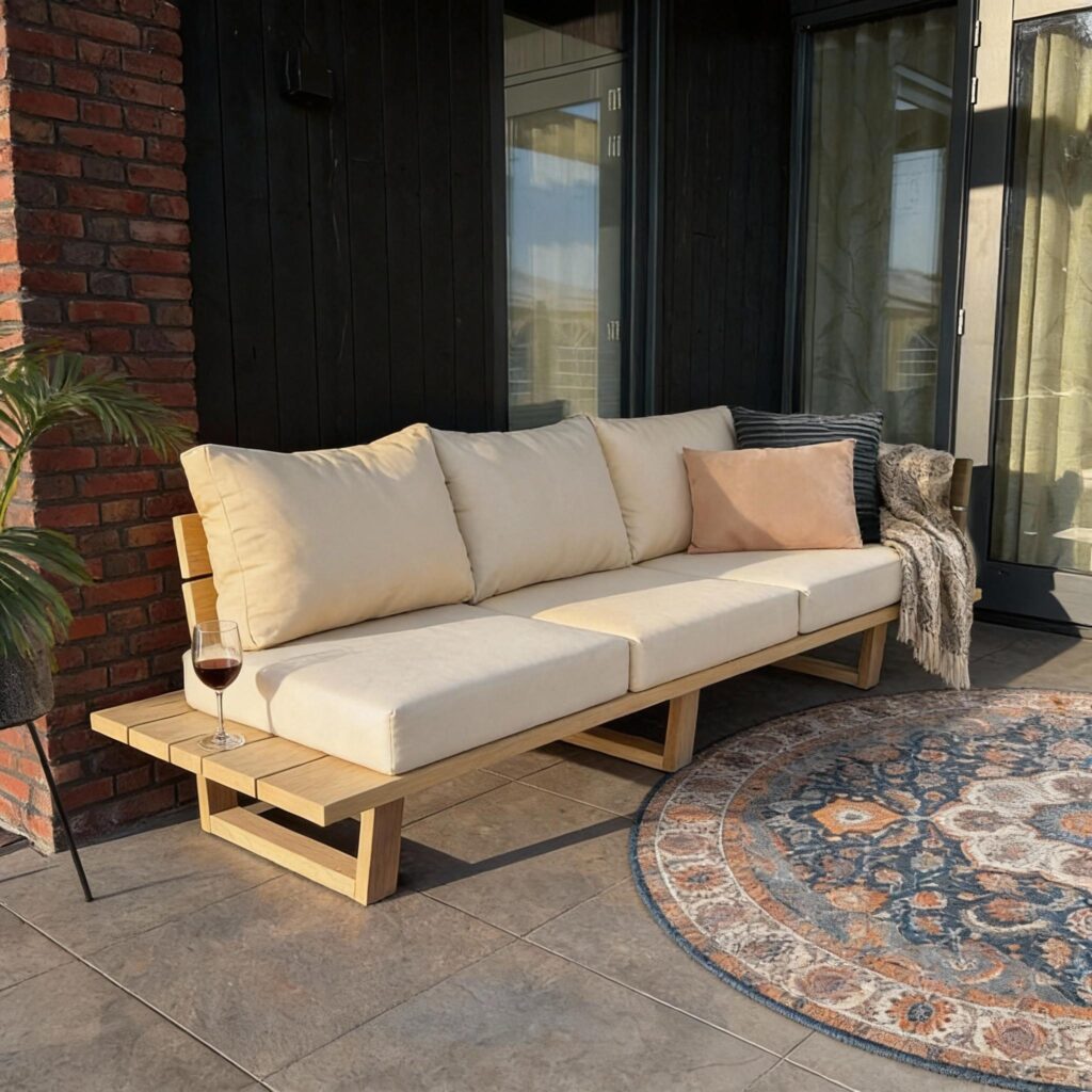 Loungebank van hout met leuning en beige kussens