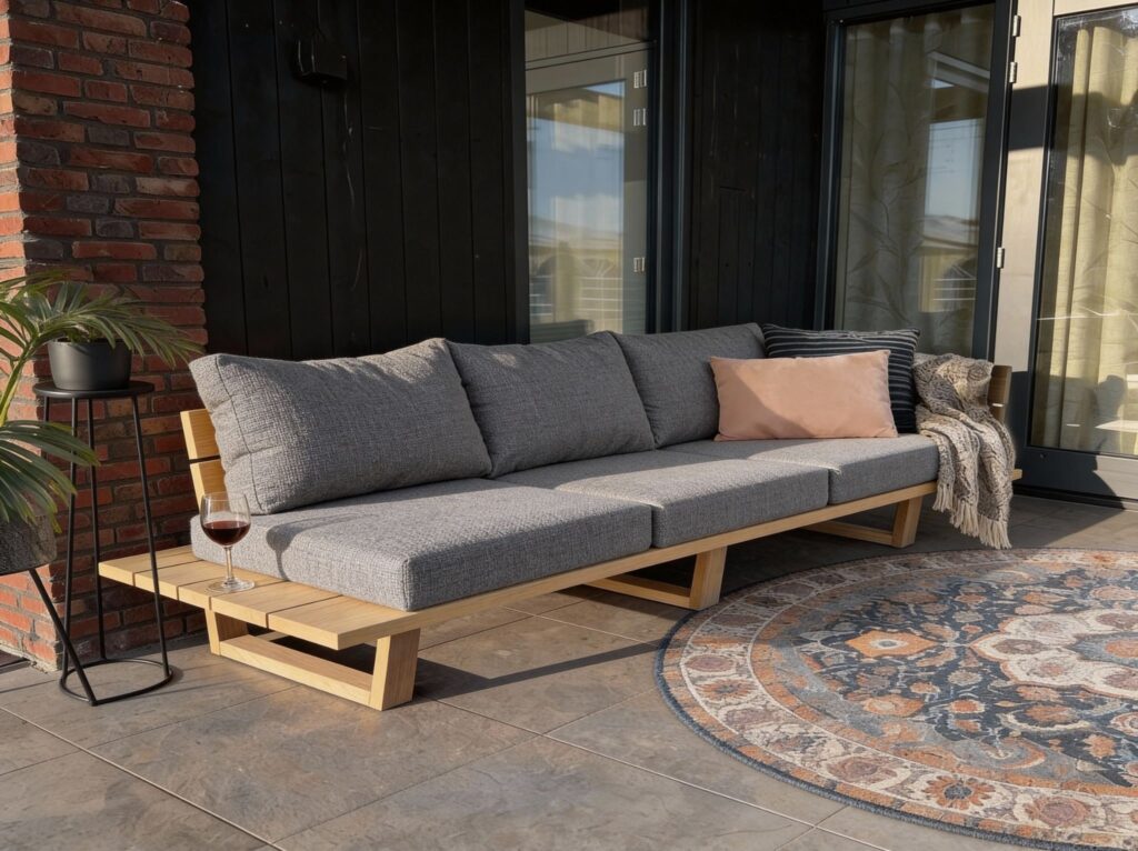Hardhout loungeset met grijze kussens en buitenkleed