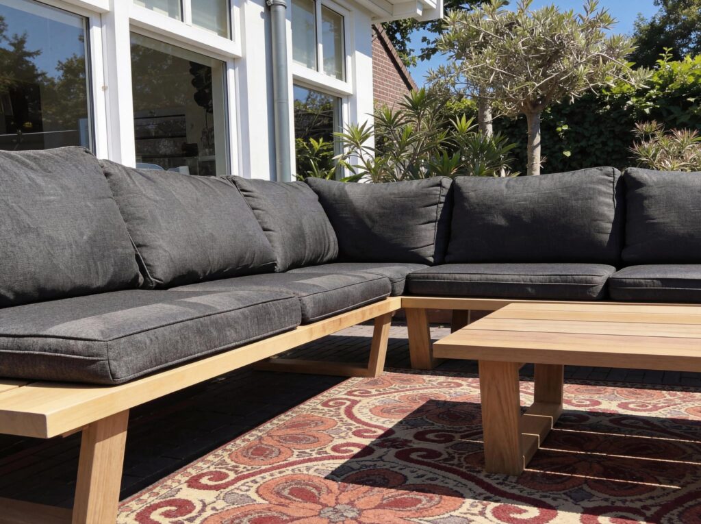 Loungeset Anne 5 personen Iroko loungebank hoekbank_houten onderstel.