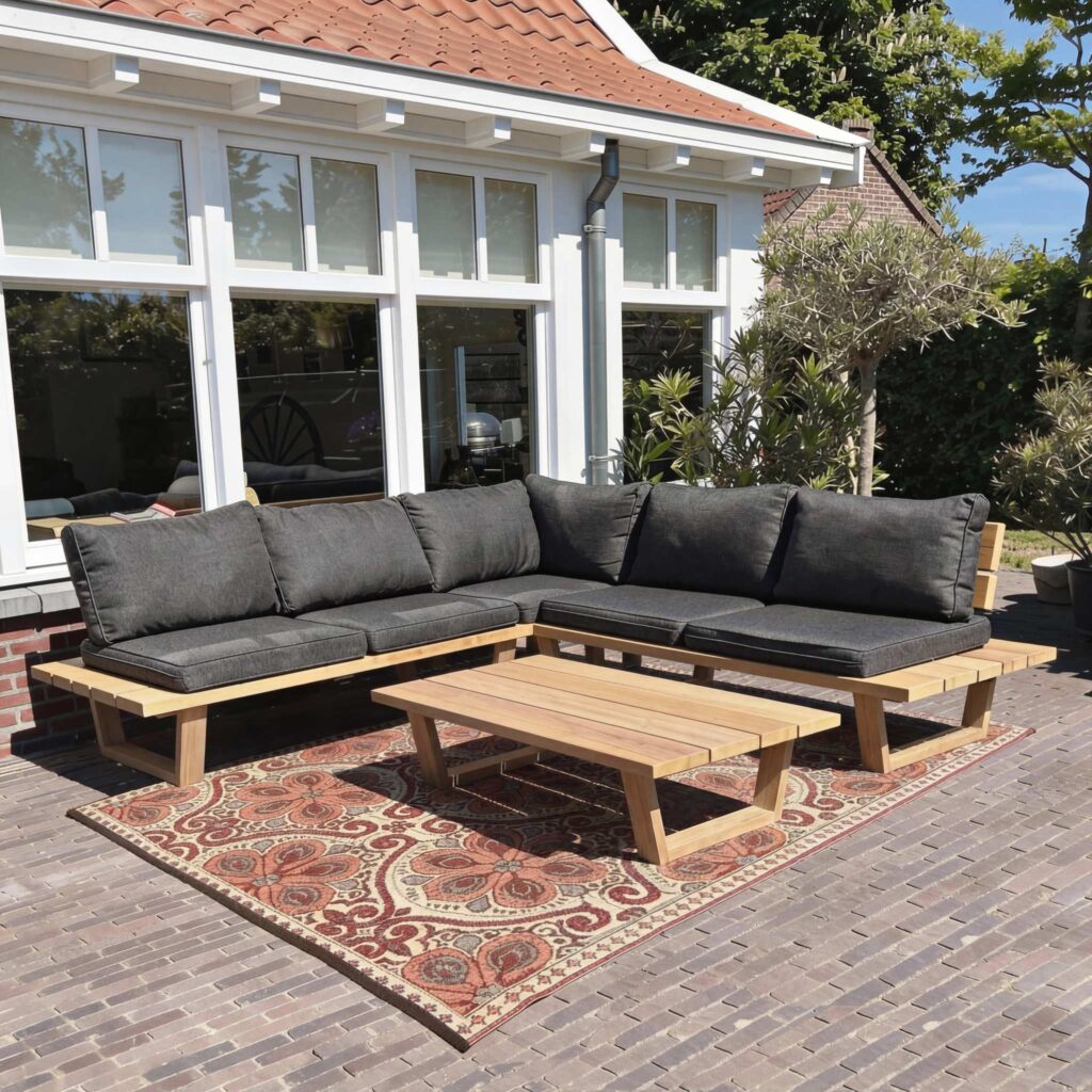 Houten loungeset met dikke kussens en Hocker op buitenkleed op het terras