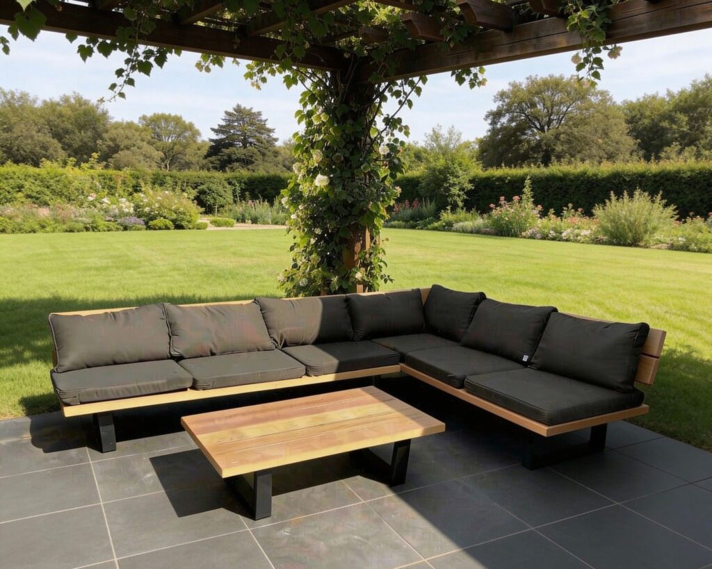 Loungeset Iroko hoekbank 6 personen op terras op de ruimte