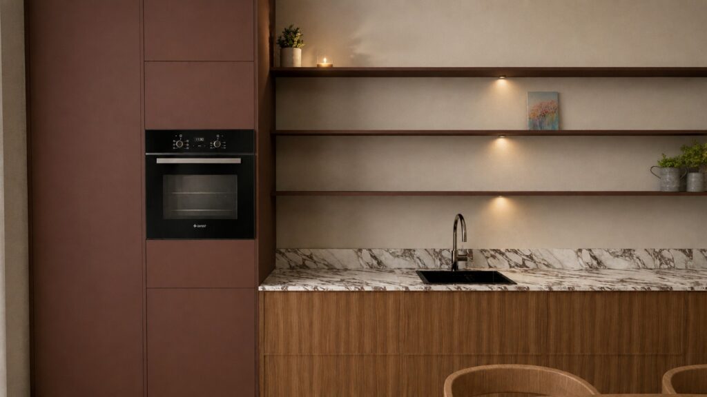 Rechte, rode, luxe keuken en houtkastjes en een marmer werkblad
