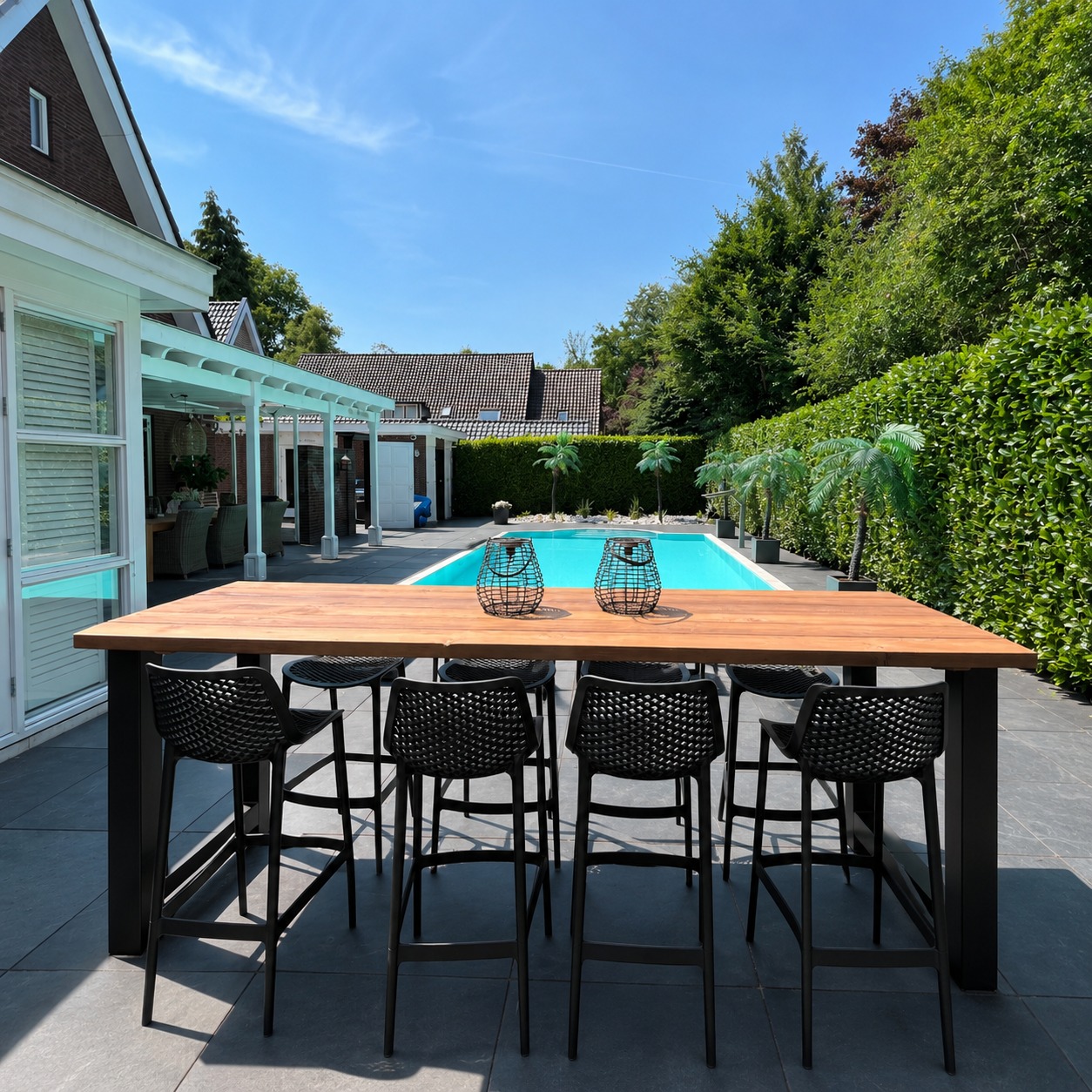 Bartafel voor 8 personen bij het zwembad zomerse tuinsetting