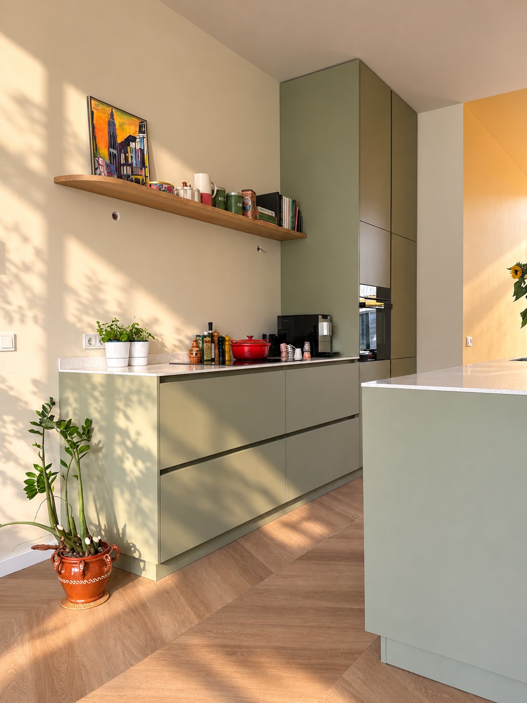 Maatwerk Keuken Groningen met eiland en rondingen Groen Solid Surface Zeoliet vaatwasser, siemens studiolijn-39