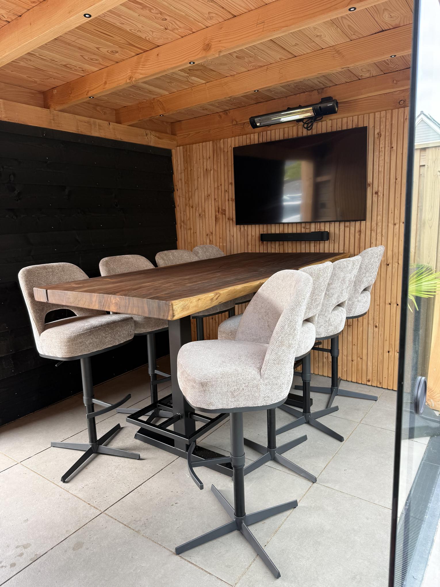 Bartafel Suar 220cm Boomstamblad Boomstamrand Vlinderverbindingen Middenpoot Dubbel Bar staal 150cm Grassland Beige Rubio 8 personen Barkrukken beige 5824