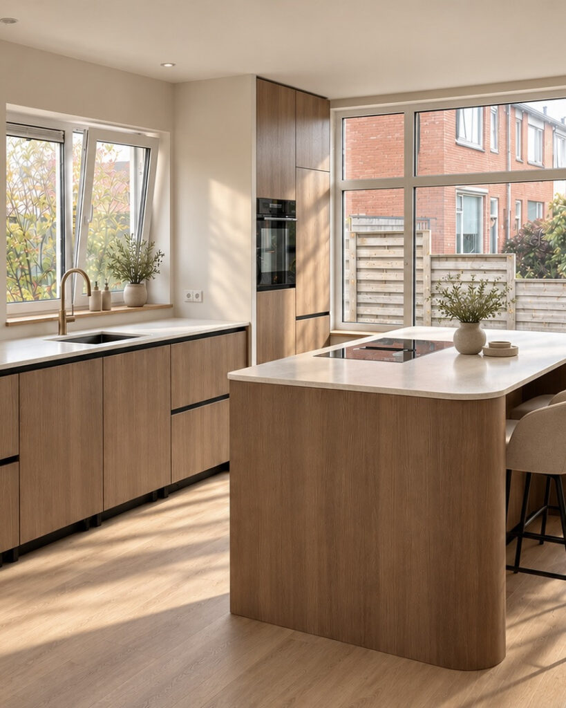 Warm Japandi keuken met donker hout en afgerond kookeiland Warm Minimalism